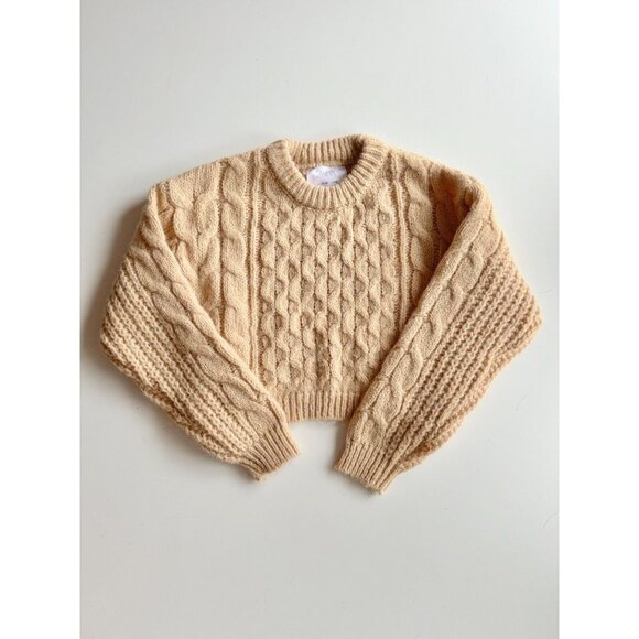 Girls' ZARA Light Camel Tan Cable Knit Crew Neck Fisherman Sweater, Size 9-10 - Picture 1 of 7